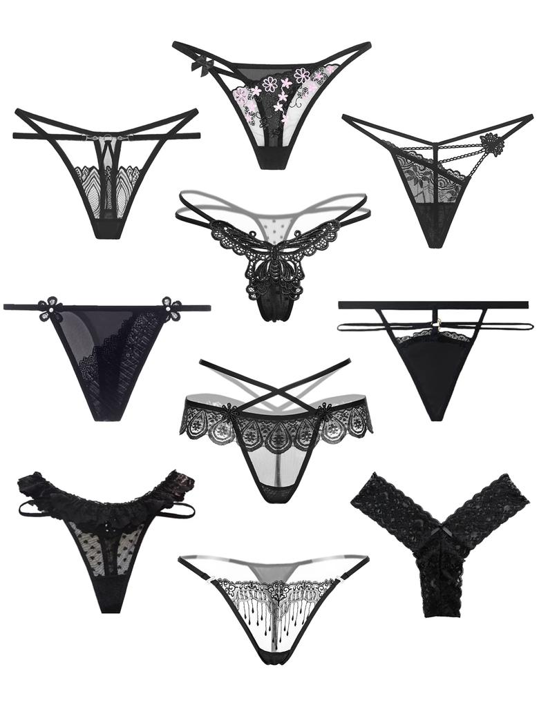 Raiplus Sexy Lucky Bag Black Lucky Cute Lace Sexy Cute Sheer Elegant Sexy Set Women's T-Back (10-Piece Set) - Panties, Underwear, Extreme, Women's