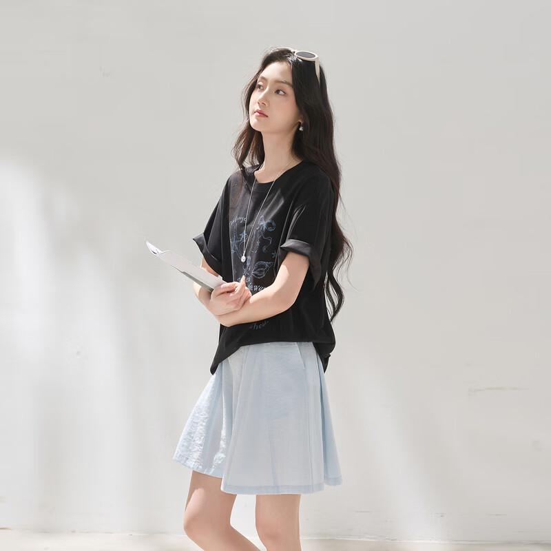 Ocean Print Letter Loose Mid-Sleeve T-Shirt