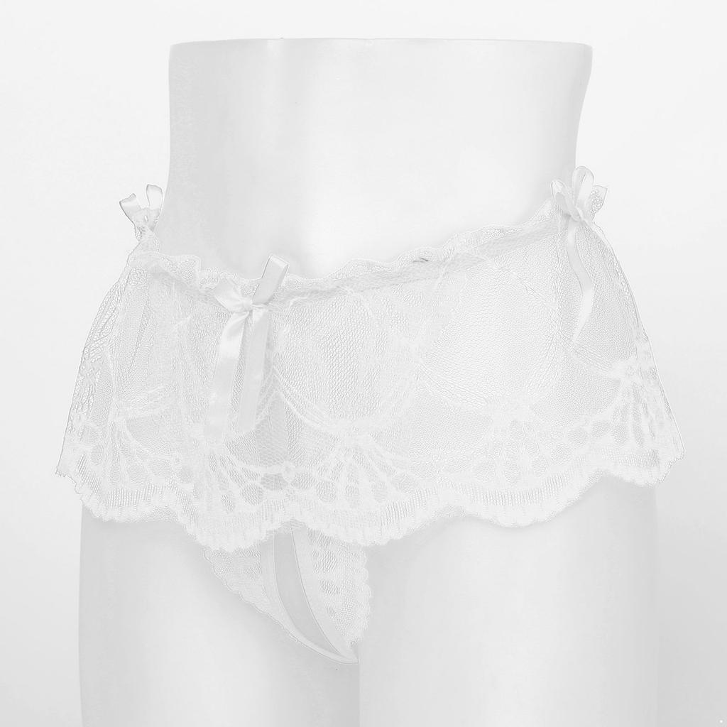 Men's Mesh Sheer Lace Skirted G-String Thong Sissy T-Back Briefs Bowknot Underwear