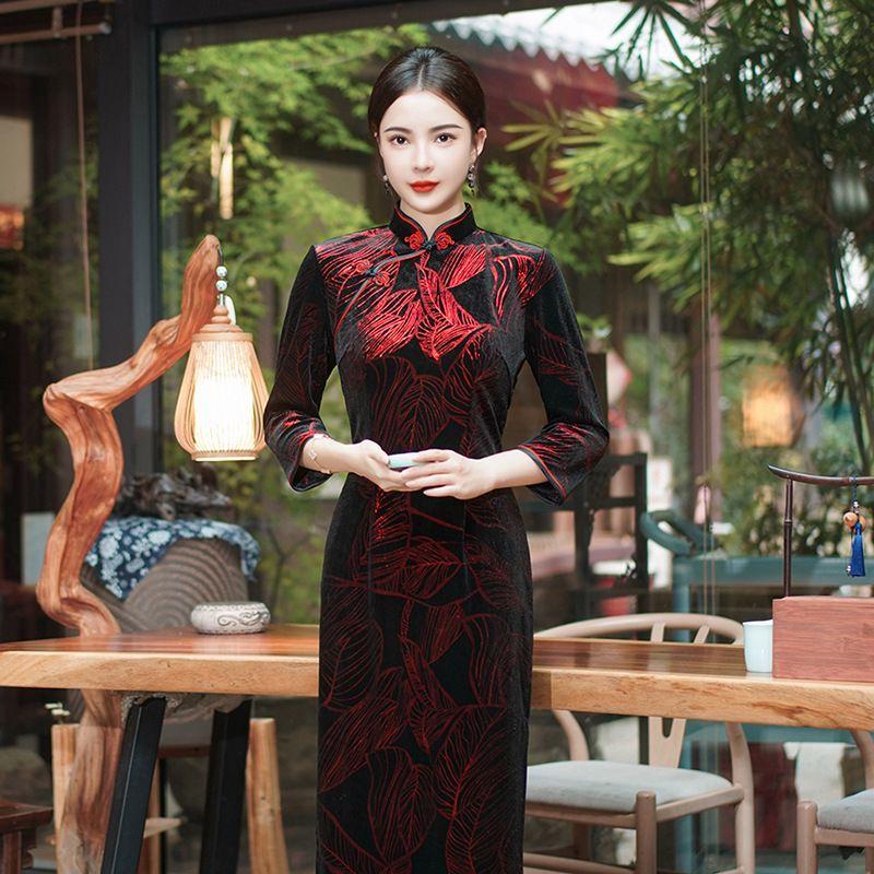 

Printed Standing Collar Oversized Cheongsam Print Standing Collar plus Size Cheongsam T0078-1 Classic Black XL
