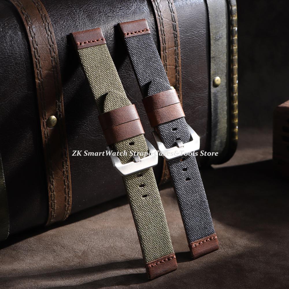 Canvas Leather Watch Strap 20mm 22mm 24mm for Panerai Handmade for Omega Military Sport Watchband Green Men Women Watch Bracelet