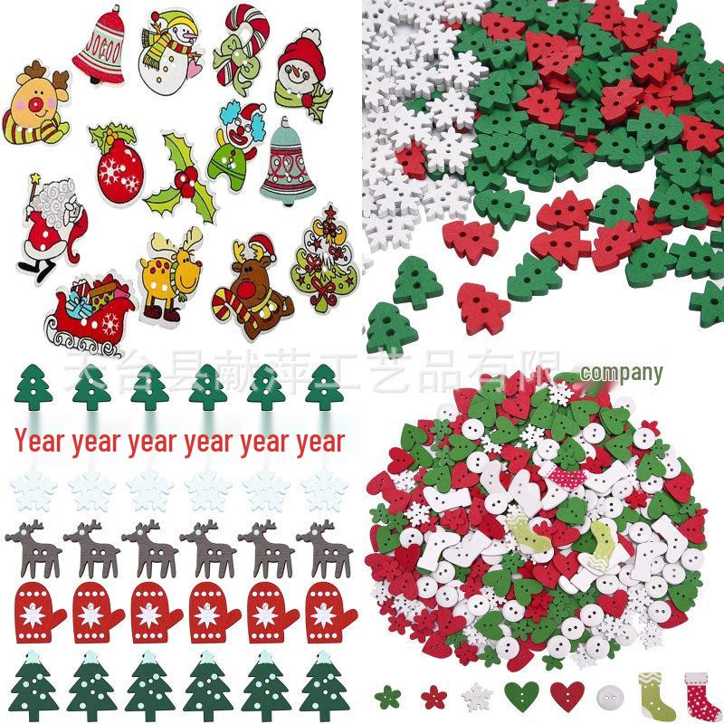 Christmas Tree & Elk Wood Decorative DIY Buttons Set: Printed Gloves & Colorful Designs