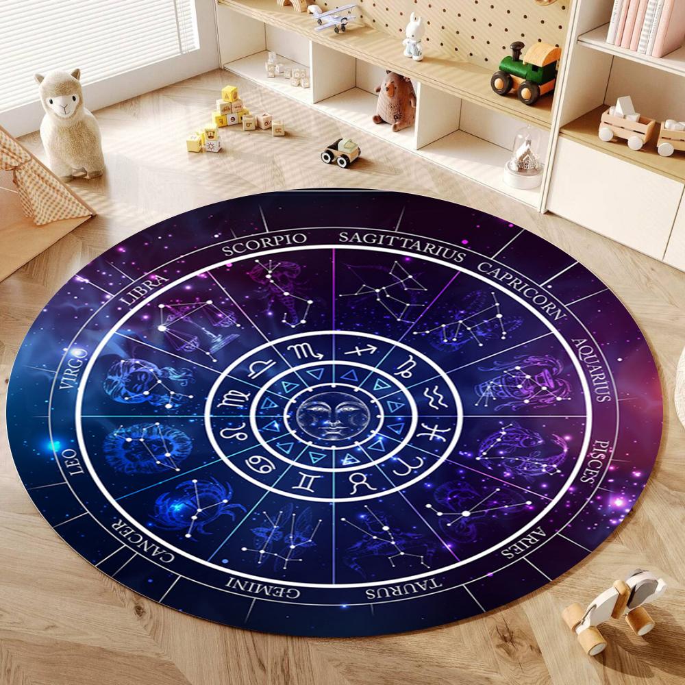 Unikátní kulatý koberec se znameními zvěrokruhu Umělecký vzor astrologie Plošný koberec do obývacího pokoje, ložnice Podložka pod nohy Protiskluzová Domácí dekorace