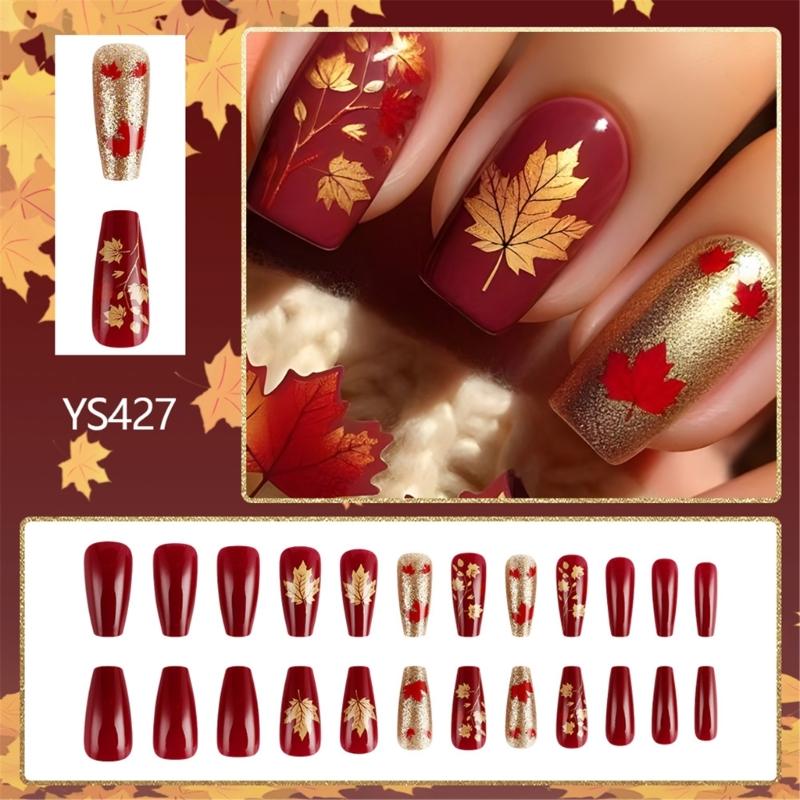 24Pcs Fall Press on Nails Short Square Stick on Nails Golden Maple Leaf Full Cover Artificial Thanksgiving False Nails