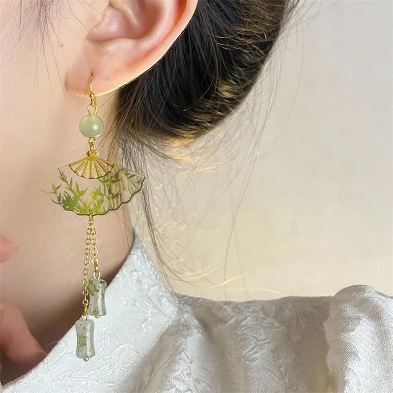 Chinese  Earrings For Women Vintage Fan Shaped Acrylic Jewelry Creative Ethnic Gifts