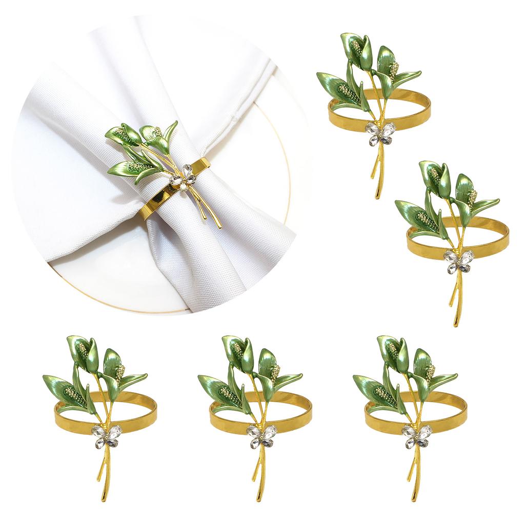 6pcs Green Gold Rhinestone Lily Napkin Rings Wedding Table Decor