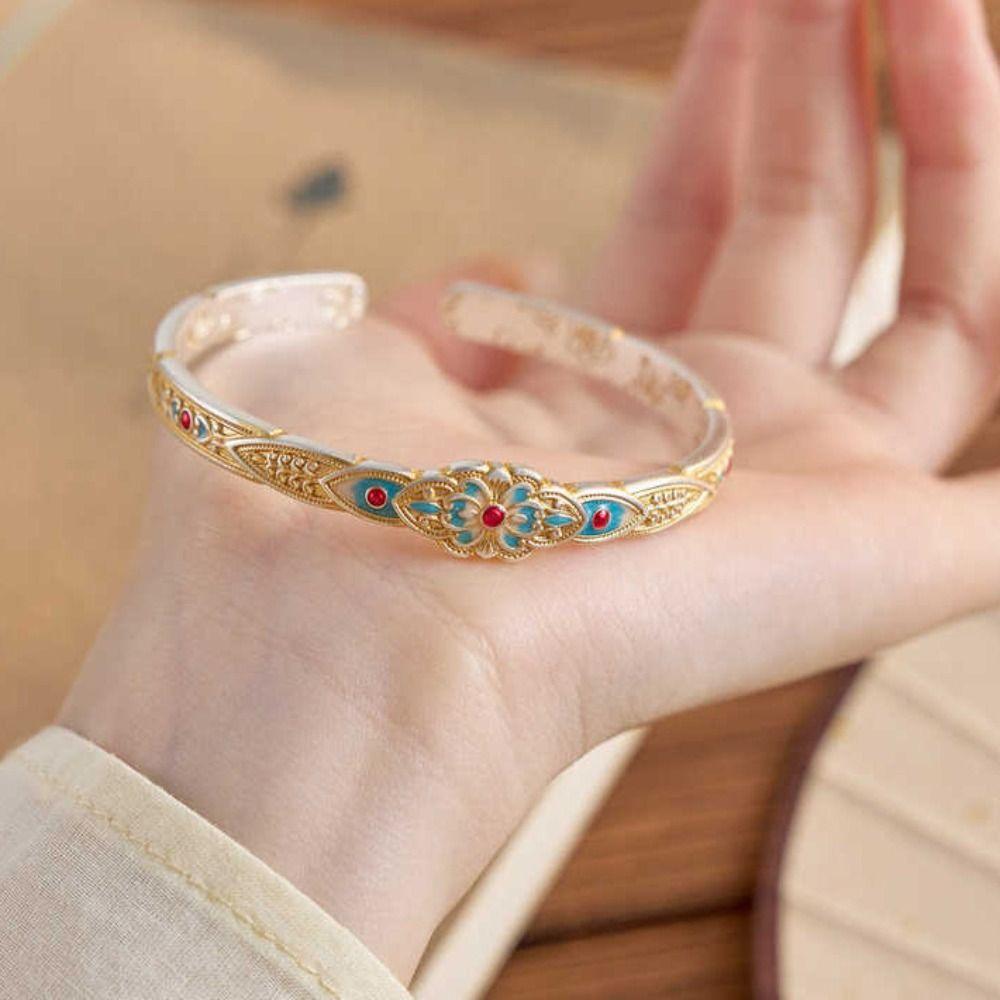 Flower Enamel Lotus Hand Bangle Hand Jewelry Retro Opening Hand Ring  Student