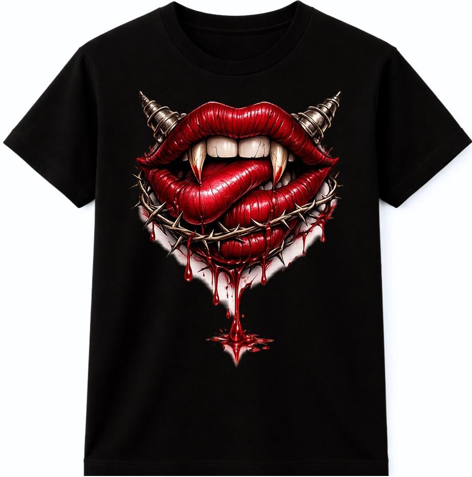 Gothic Vampire Lips T Shirt Fangs Horror Graphic Tee S разноцветный