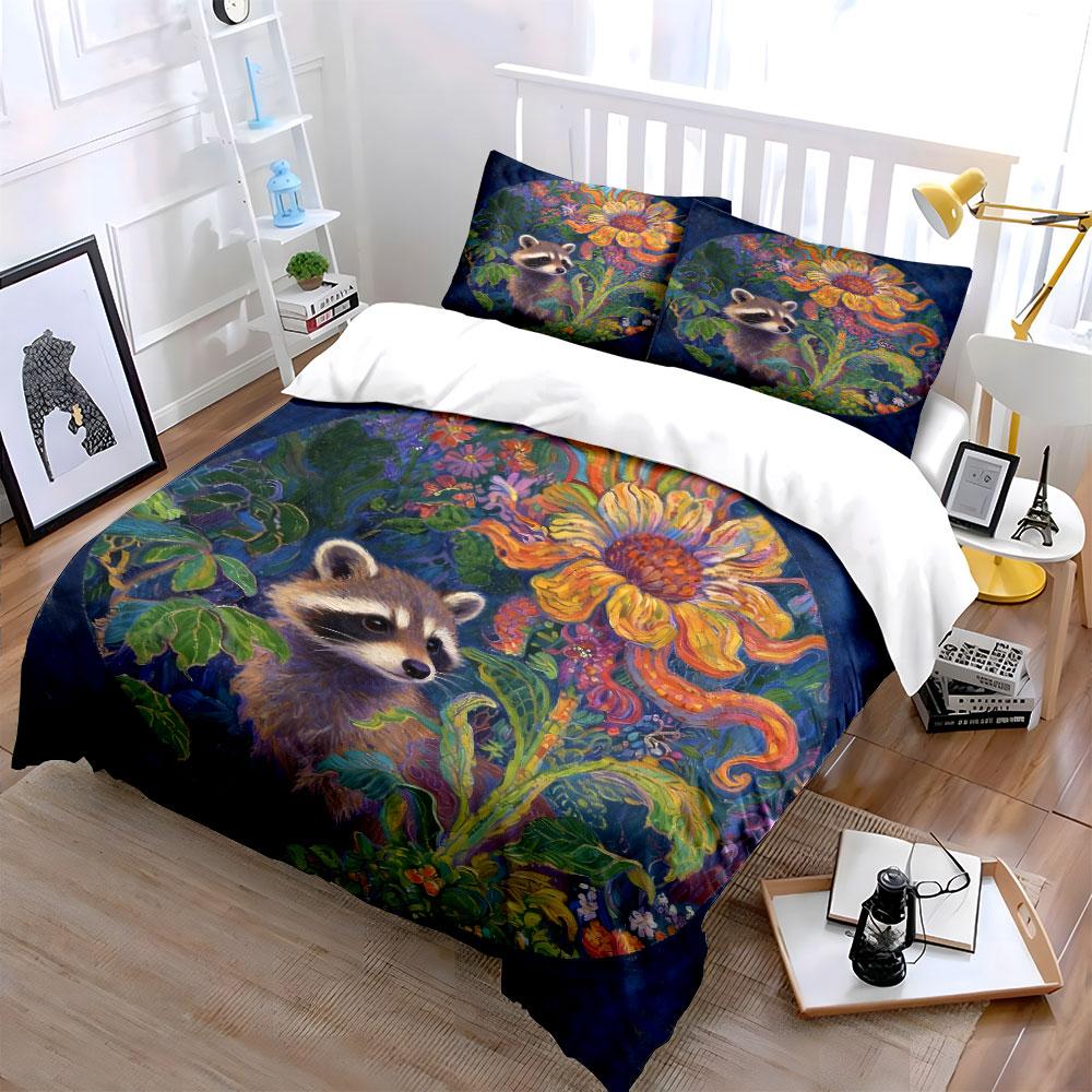 Raccoon Floral Art Decor Soft Comfortable Duvet Cover Bedding Set Included 1*Duvet Cover & 2*Pillowcases, Gift