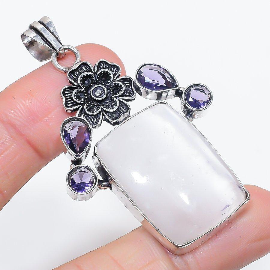 Natural Selenite, Amethyst 925 Sterling Silver Jewelry Pendant 2.44" u7I53