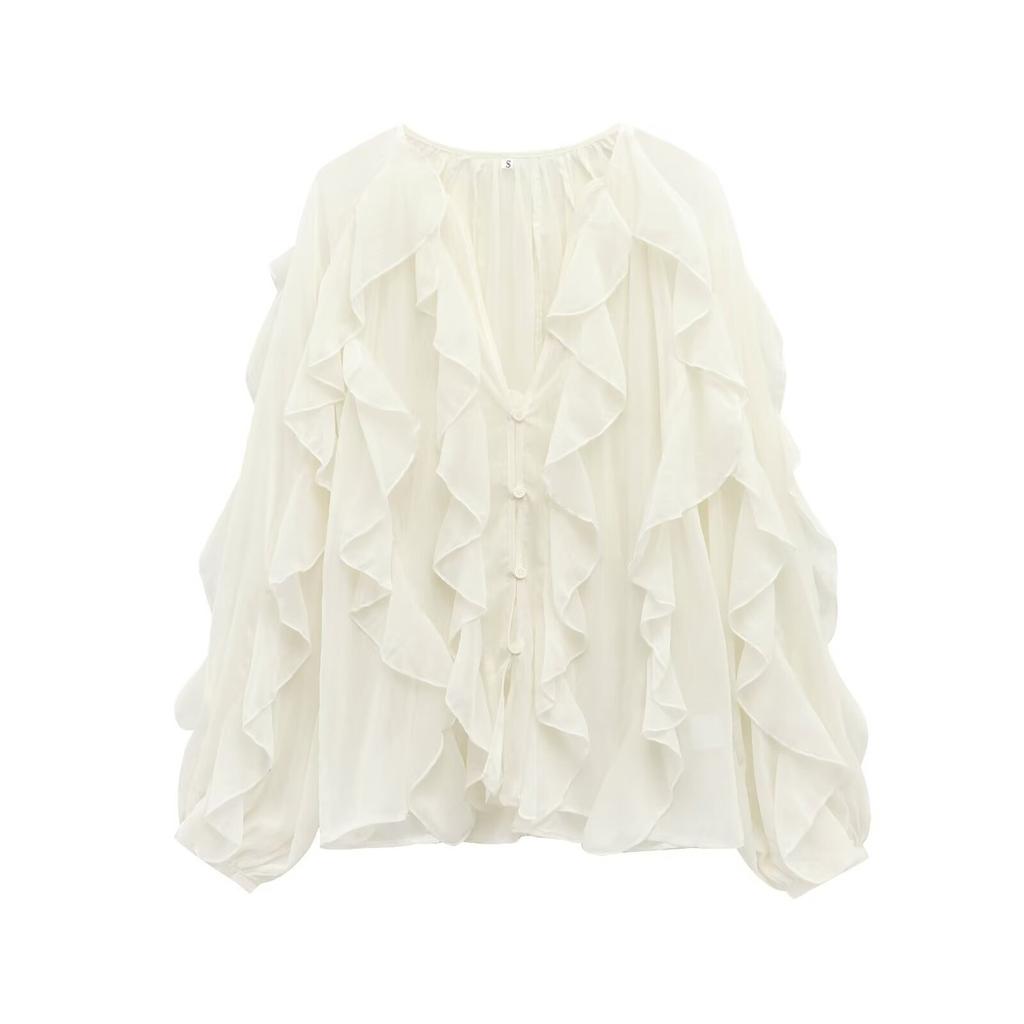 VAYLA Summer Sexy Women's Translucent Ruffles Blouses Fashion V-neck Single Breasted Tierred Causal Tops Beach Style Solid Shirts