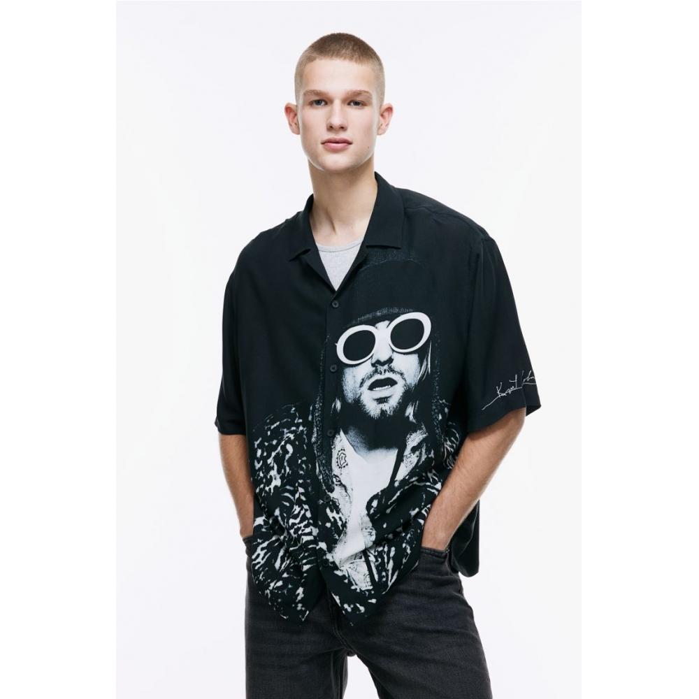 H M Relaxed Fit Printed caMp sHirt Black Kurt Cobain