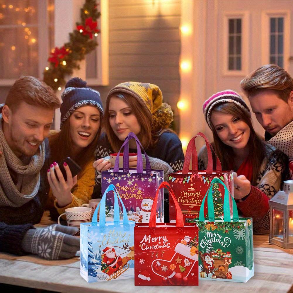 5/10 Stück Weihnachtsgeschenktüten, Kleine wiederverwendbare Vlies-Weihnachts-Tragetaschen mit Henkeln, Perfekt für Geschenkverpackung/Partyzubehör
