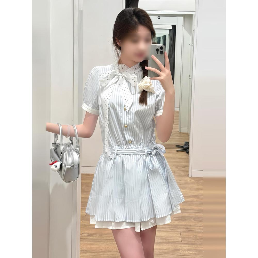 New college style blue striped shirt dress children's summer casual small temperament waist a-word skirt
