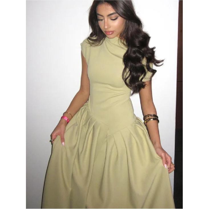 Women Elegant Green Pleated Dress Fashion O Neck Short Sleeve Patchwork Long Dresses 2025 New Casual Office Lady Streetwear
