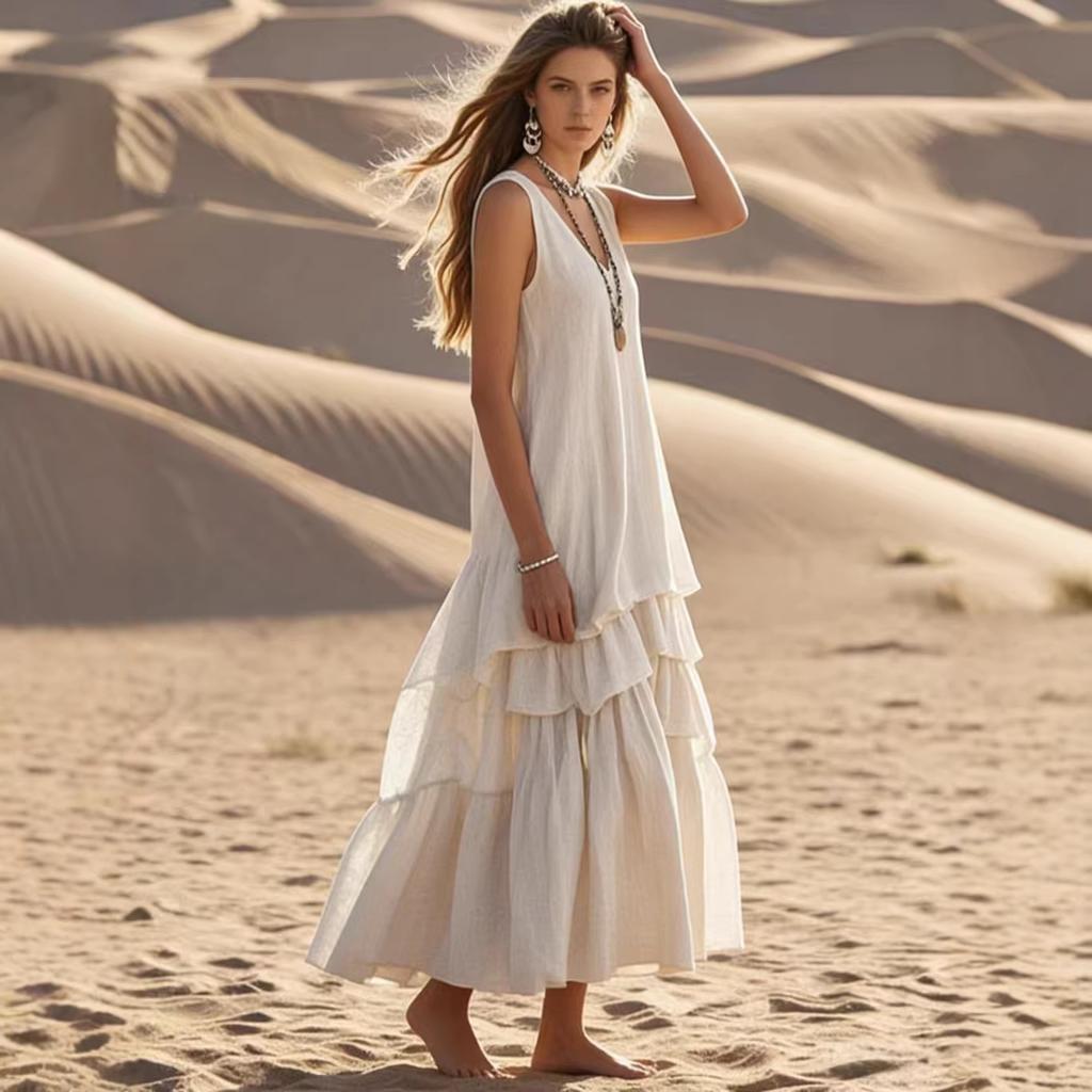 New in spring and summer , Amazon Independent Station cross-border cotton and linen women's loose big skirt sleeveless dress
