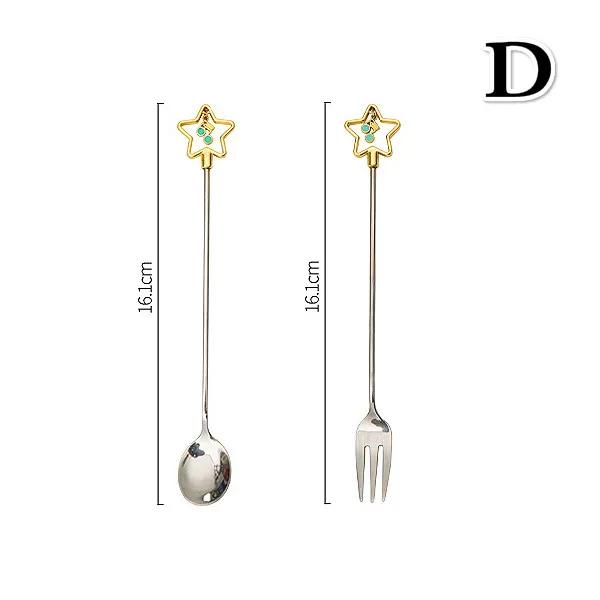 2PCS/set Cherry Blossom Spoon Fork Stainless Steel Coffee Spoons Household Kitchen Star Long Handle Dessert Cake Spooning