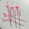 5Pcs Pink Bow Straw Curved Drink Reusable Glitter Straw Home Birthday Party Cocktail Wedding Tea Decorations Cute Supplies
