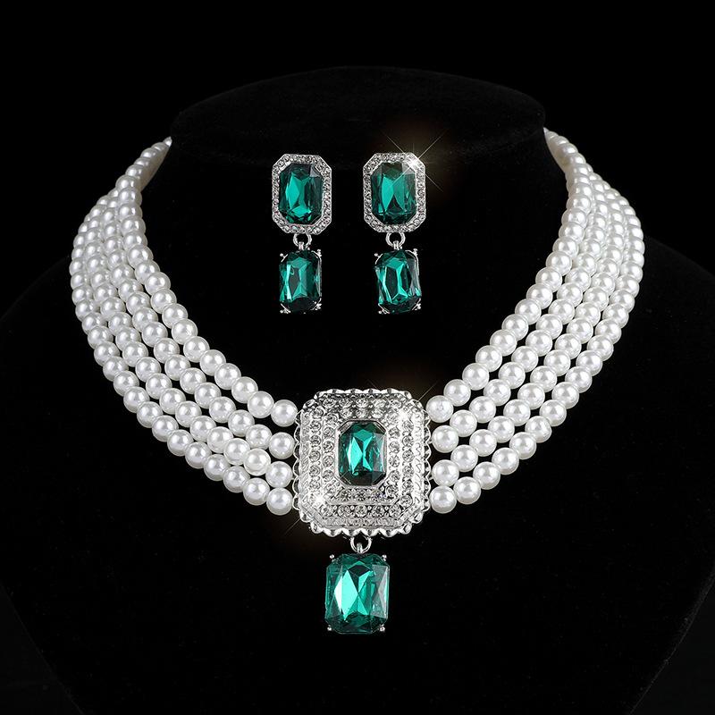 Square gemstone full diamond earrings necklace set choker multi-layer bridal anti-pearl necklace earrings