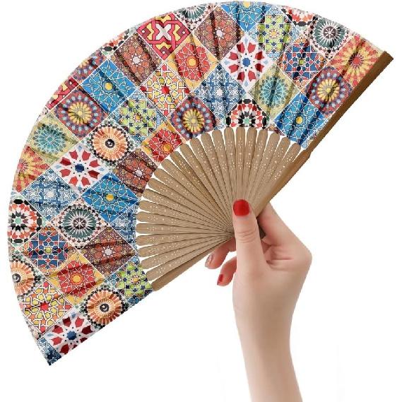HeyToo Women Held Hand Folding Fan - Bamboo Printed Pattern Foldable Fan - Ideal for Decoration, Wedding, Themed Anniversary Party, Church, EDM,