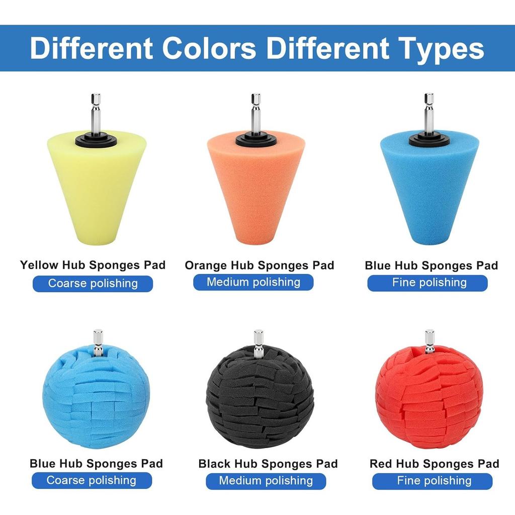 7Pcs Drill Polishing Cone & Ball Sponge Set, Foam Buffing Pads with Extension Holder & Brush, 1/4" Hex Shank for Electric Drill, Car Wheel Hub Rim