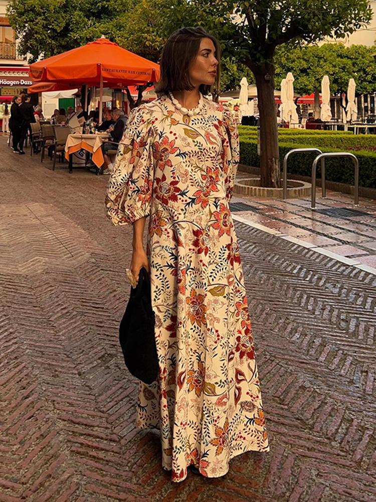 Vintage Blumendruck Lange Lose O-Ausschnitt Laterne Ärmel Weibliche Kleider Hohe Taille Sommer Dame Robe