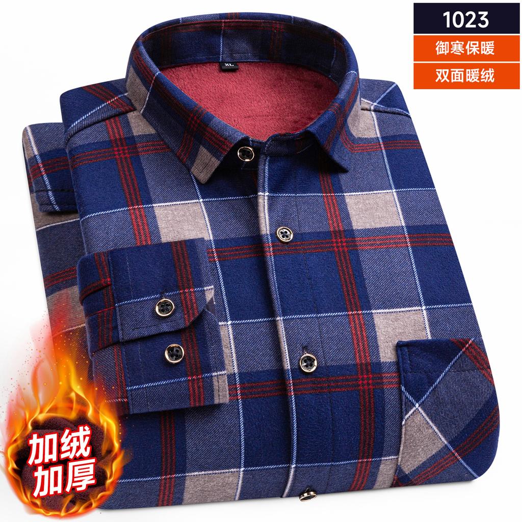 Men's Long-sleeved Double-sided Fleece Plaid Shirts Winter New Plus Fleece Thickening Warm Business Casual Fashion Male Clothes