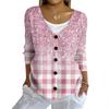 Women's Fashion Casual Knit Sweater Button-Up Plaid Patchwork Print Cardigan Jacket
