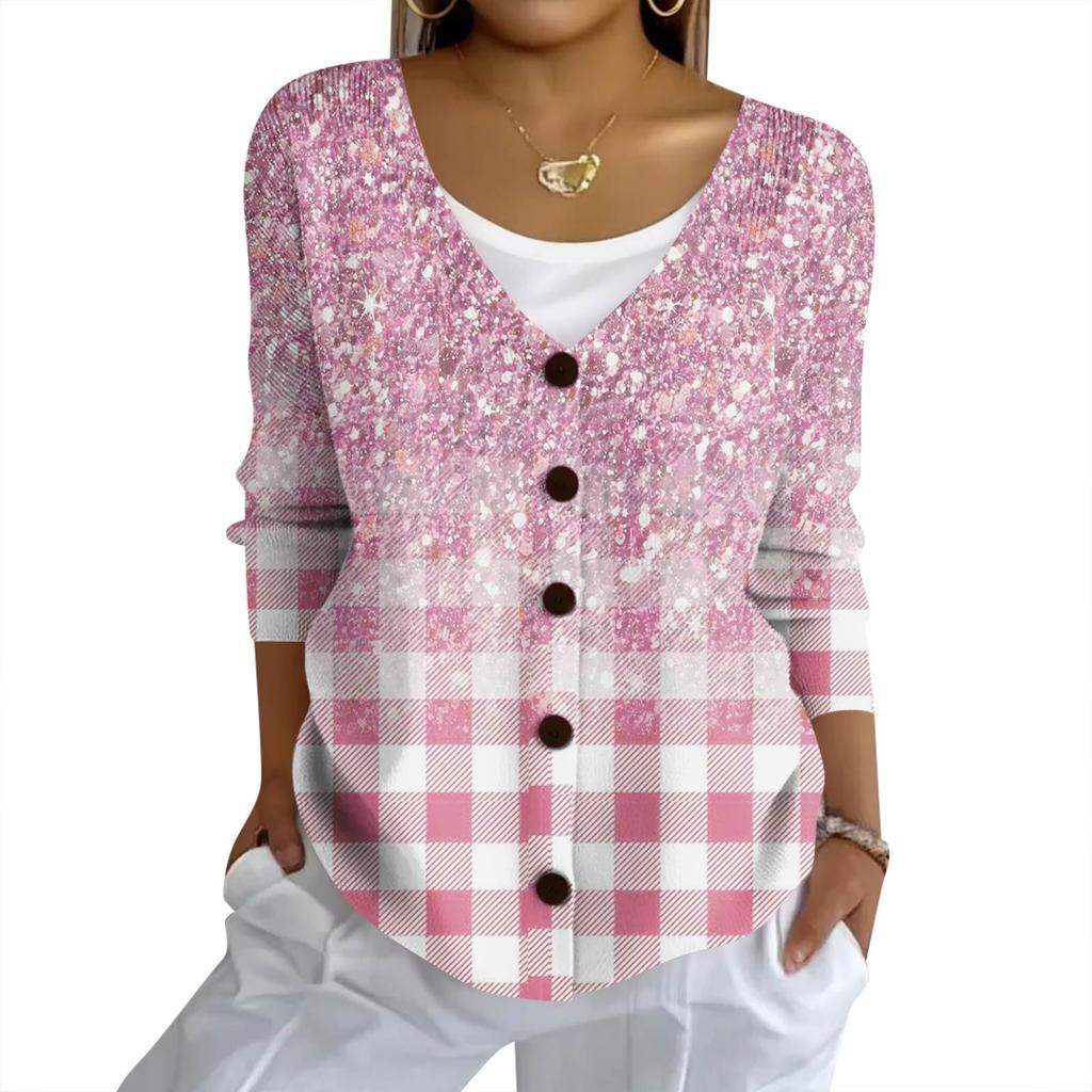 Women's Fashion Casual Knit Sweater Button-Up Plaid Patchwork Print Cardigan Jacket
