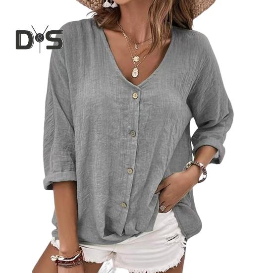 Damen Frühlingshemd V-Ausschnitt Knöpfe Einreihig Langarm Einfarbig Weich Atmungsaktiv Dame Vintage Lose Mittellanges Oberteil
