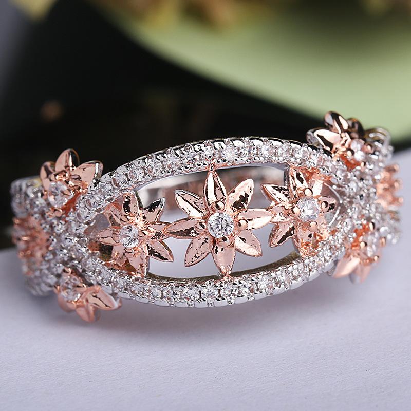 Color Separation Micro-Set Ring For Women, 18K Rose Gold-Plated Flower-Set Diamond Ring