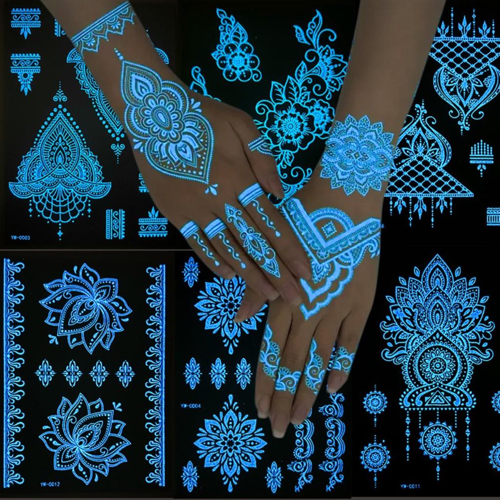 Glow In The Dark Indian Lace Tattoo Stickers - Henna Style Hand Body Art