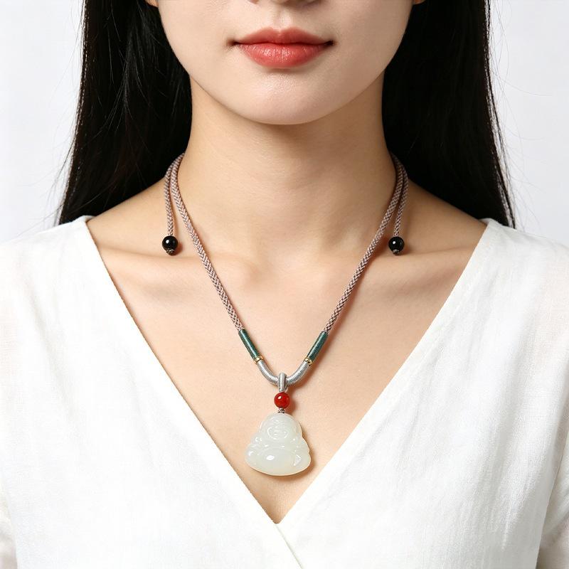 Elegant Natural White Agate Pendant Necklace with Wire Wrap, Fine Cord, Hanfu Inspired, New Chinese Style
