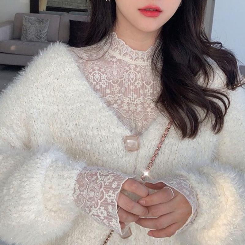 Lace Womens Fairy Mesh Super Longsleeve Top Versatile For Autumnwinter 2025 Semihigh Neck