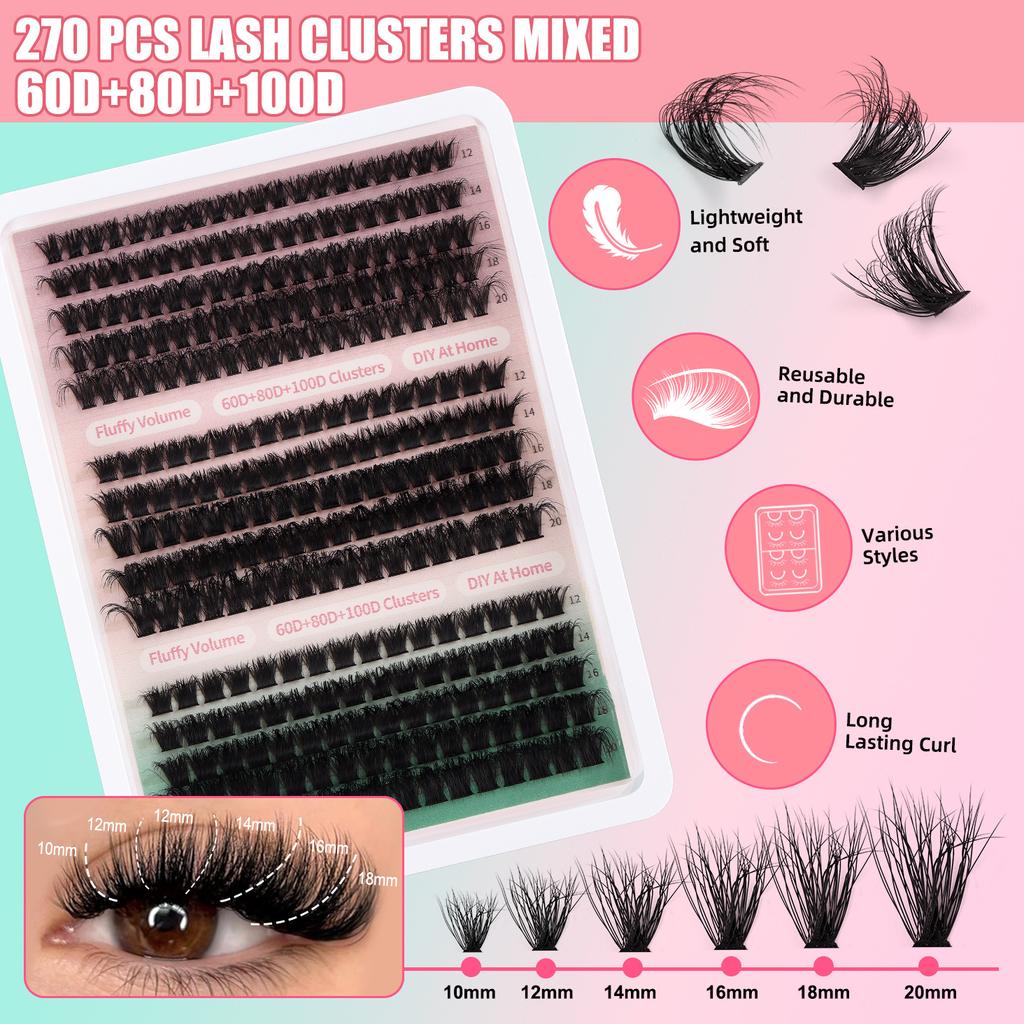 270 Clusters 60D80D100D Thick False Eyelash Set Natural Diy Segmented Single Cluster Eyelashes