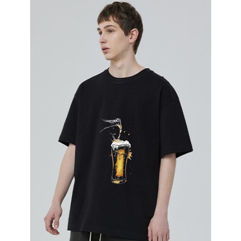 Black T Shirt With Beer Pouring Graphic Design For Casual Wear