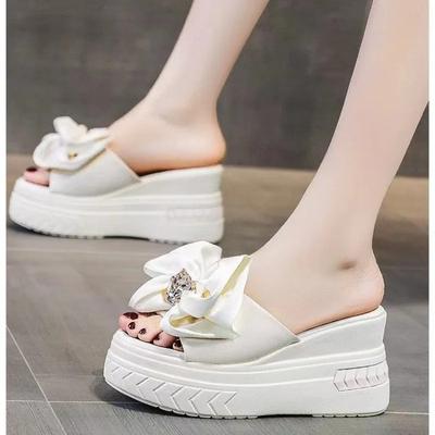 Freizeit Hausschuhe Damen 2025 Damenschuhe Offene Zehenpartie Damen Hausschuhe Plateau Runde Zehenpartie Schmetterlingsknoten Keilabsätze Outdoor Marke Sandalen