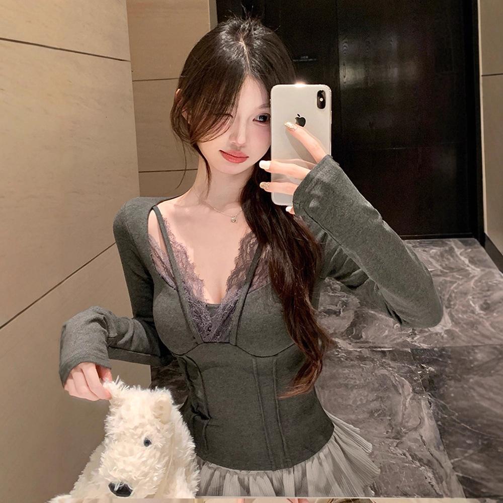 Pure Lust Sexy Lace Splicing T-shirt with Chest Pad Women's Autumn and Winter Chic Age-reducing and Thin Chic Inner Top