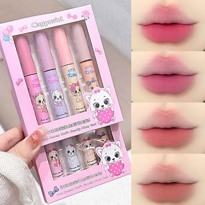 Sada 4 kusů růžových kočičích mlhovinových bahnitých rtěnek Nude matný make-up na rty Hedvábná textura Snadno se nanáší Lesk na rty Rtěnka