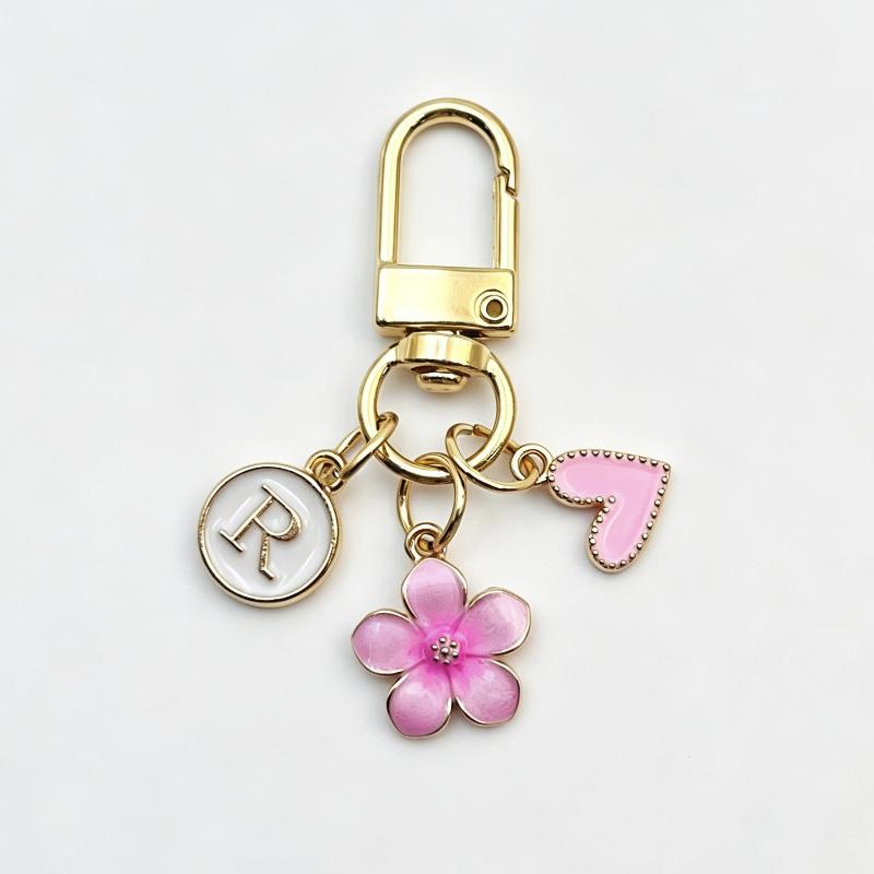 A-Z Letter Charm Enamel Keychain Pink Cherry Blossom Heart Design Key Ring for Graduation Souvenir Gift