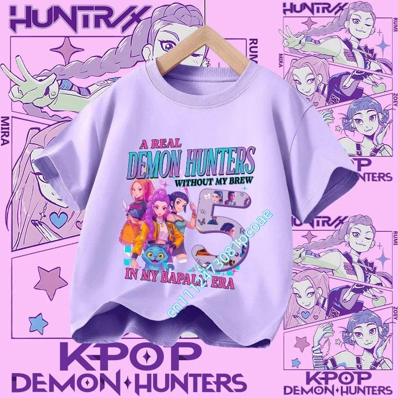 New K Pop Demon Huntersd T-shirt for Children Cartoon Birthday Number Printed T Shirts Girls Short Sleeves Tops Kids Clothing