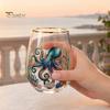 Retro Enamel Style Cup Hand Painted Glass Tumbler, Egg Shaped with Gold Rim, Clear Lead-Free Ocean Turtle Pattern Mug for Tea Coffee Wine Juice