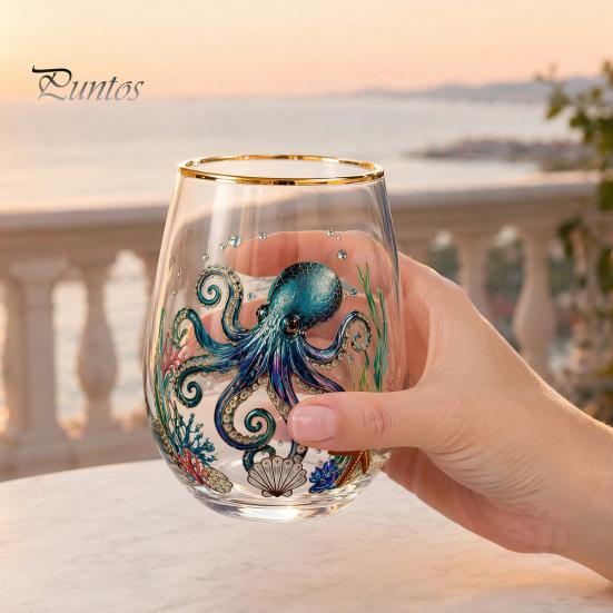 Retro Enamel Style Cup Hand Painted Glass Tumbler, Egg Shaped with Gold Rim, Clear Lead-Free Ocean Turtle Pattern Mug for Tea Coffee Wine Juice