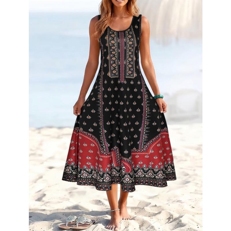 Robe d'été sans manches pour femme, col rond, imprimé 3D, longue, style maxi, pour la plage, les vacances, décontractée