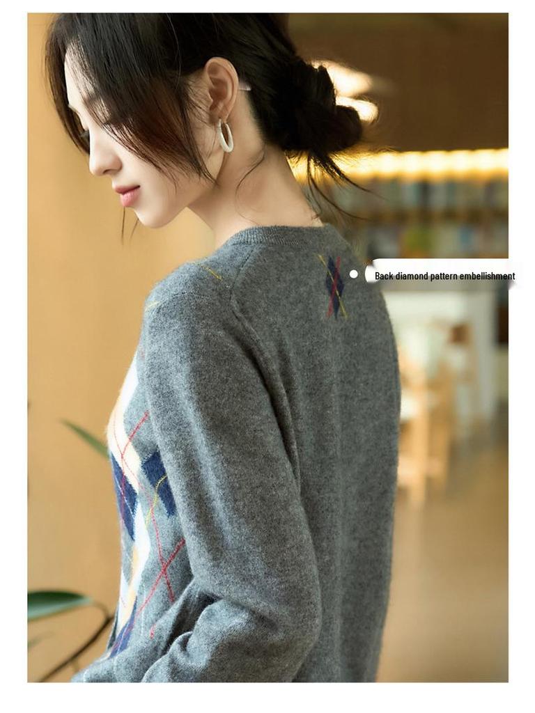 Cardigan da Donna in Cashmere Color Block Girocollo - Moda Autunno/Inverno Maglione Lavorato a Maglia a Scacchi a Rombo