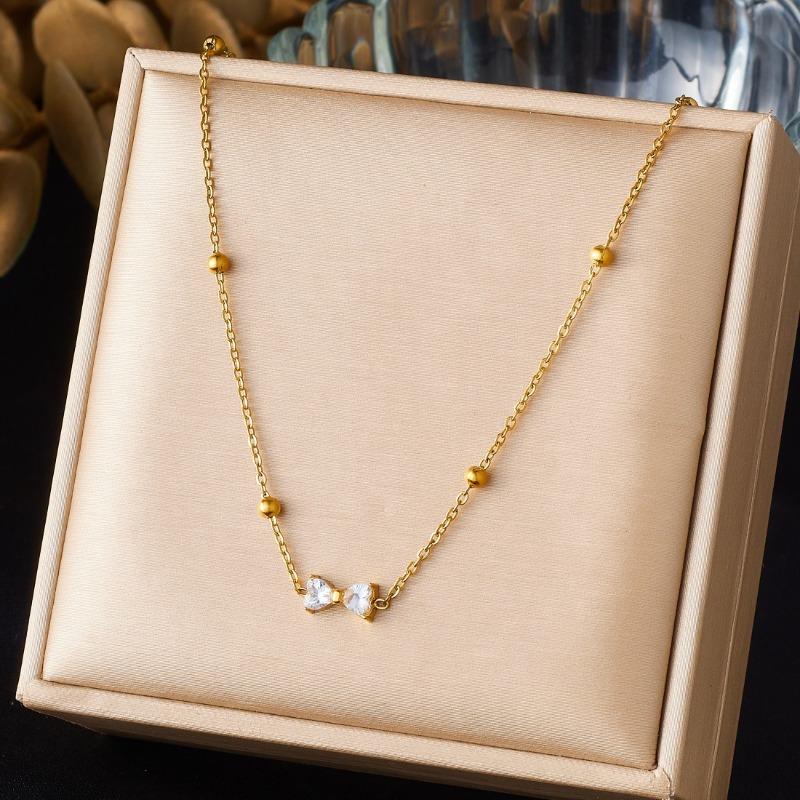 Gold Plated Bow Pendant Necklace with Beaded Chain Delicate Cubic Zirconia Choker