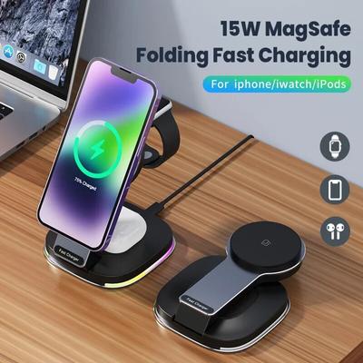Cargador Inalámbrico Magnético 3 en 1 Carga Rápida 15W Plegable para iPhone 13 14 15 Pro Max Apple iWatch Airpods