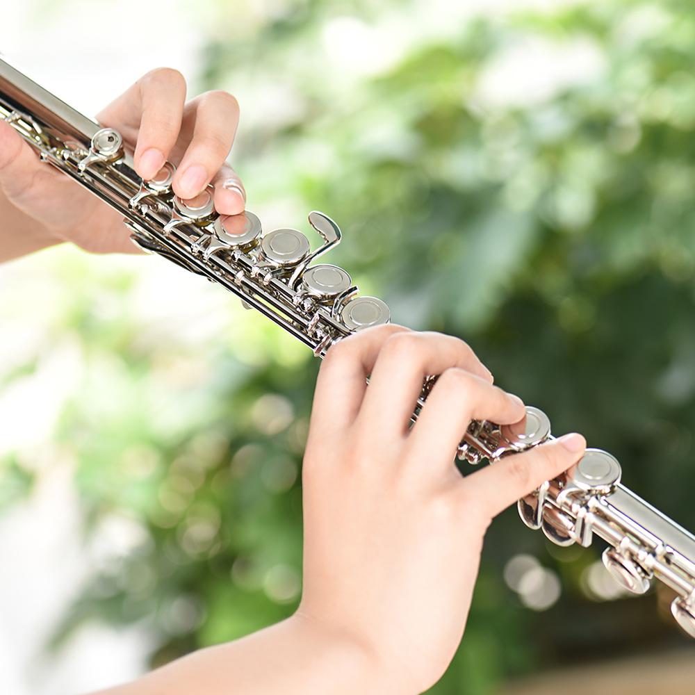 Western Concert Flute Nickel Plated 16 Holes C Key Cupronickel Woodwind Instrument with Cleaning Cloth Stick Gloves