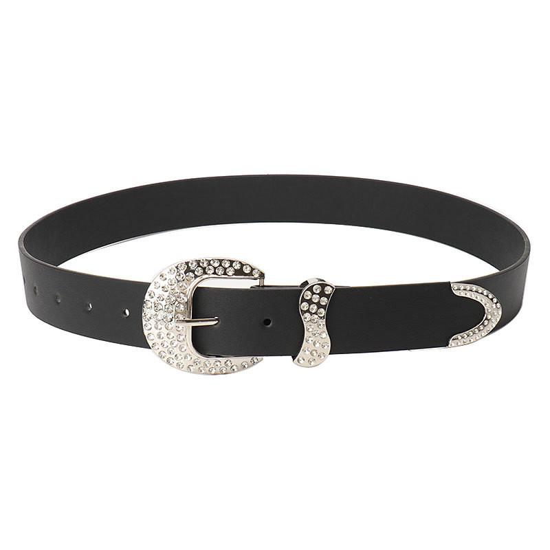 Classic Water Diamond Embellished Faux Leather Belt For Women With Adjustable Pin Buckle