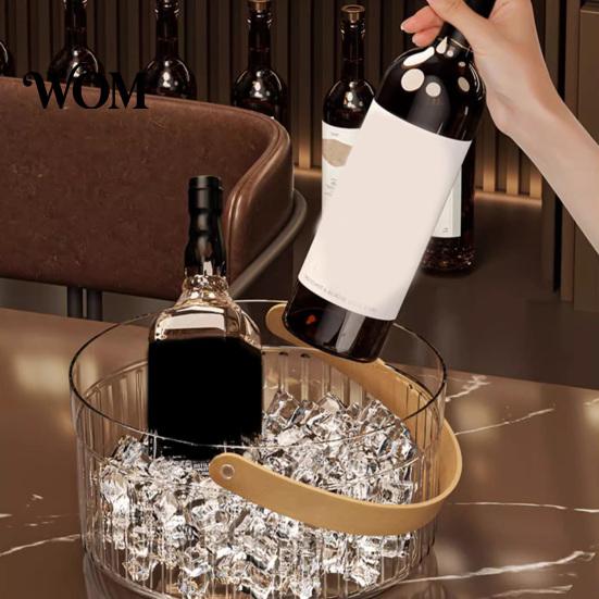 Multi-purpose Storage Basket Ice Bucket with Faux Leather Handle, Thickened Plastic Beer Wine Cooler Handle for Party, Clear Beverage Container